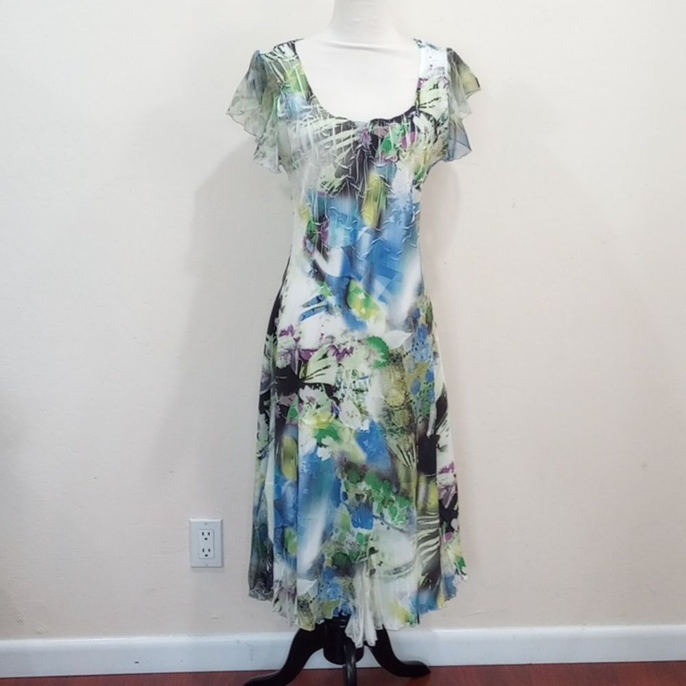 Komarov Watercolor Print Chiffon Charmeuse A-line Silhouette Midi Dress - XL